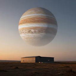 a serene landscape with a singular building at sunrise with a giant jupiter appearing in all the sky, digital art, concept art, octane render, unreal engine 5, hyperrealistic, highly detailed, high quality, 4K, low contrast, soft lighting, path tracing, complementary colors, natural lighting, geometric