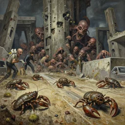 painting varied filthy rugated, macerated, yaw, chemical damaged, spores, armored crustaceans clawing & terrified as massive brutalist structure, claustrophobic drag race, clustered horror, by virgil finlay, vincente b ballestar, by francesco blanc, geof darrow, bisley, & by jack gaughan high resolution, hyper