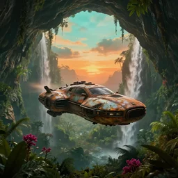 a sci fi rusty flying car floating in a prehistoric jungle cave, lush flora, waterfall, magenta flowers, orange sky, teal clouds, sunset, hazy, volumetric lighting, rtx on, photorealistic render, unreal engine 5