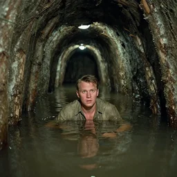 7 0 s movie still of a man in a bark in a soviet stalinist style tunnel flooded in water, eastmancolor, heavy grain, high quality, high detail