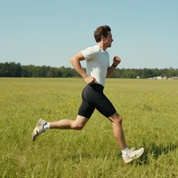 a photo of a man running in a field by Ryan McGinley, in the style of Ryan McGinley