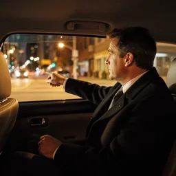 1 9 9 8 andy richter wearing a black wool coat and necktie in his car driving through the streets of chicago at night, point of view from back seat of car, warm, cozy, safe atmosphere