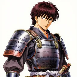 an anime man with dark red hair, wearing samurai armor, drawn by yoji shinkawa, sci - fi, highly detailed,