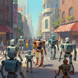 busy street of retro robot city. robots. cybernetic. beeple. jim burns. trending on artstation. digital painting.