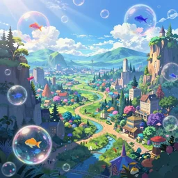 wonderland fairytale valley landscape crossroad beauty vibrant digital matte cyber Aquarium bubble fish artstation, cgsociety, 8k  behance hd by Jesper Ejsing, by RHADS, Makoto Shinkai and Lois van baarle, ilya kuvshinov, rossdraws global illumination radiating a glowing aura  rays of sunlight