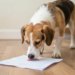 photo of a dog eating homework