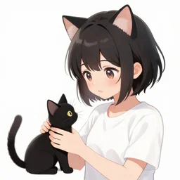 anime girl with short hair and cat ears playing with a small black kitten, concept art, wlop, digital painting, trending on artstation, highly detailed, epic composition, official media, 8 k uhd