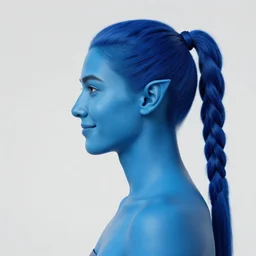 side view of a na - avi man looking sideways with [ blue skin ] and elegant smiling chiseled jaw, blue skin, elf ears, a singular long blue braided ponytail flowing with the wind, blue hair is cropped on the sides of the ears, skin is blue, [ white ] [ background ], 8 k, 8 5 mm f 1. 8