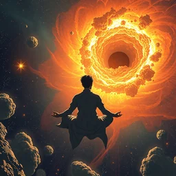 an ultradetailed illustration of an enlightened spaceman, drifting through space meditating, watching a star supernova in the background, blackhole consuming star, intricate detail, cinematic, 8 k, cel shaded, volumetric lighting, octane render, art by greg rutkowski and albert bierstadt, anime style