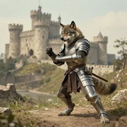 anthropomorphic furry wolf in armor fighting in front of a castle, 1900s picture