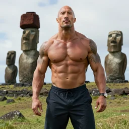 dwayne rock johnson from easter island, national geographic photo, realistic, highly detailed