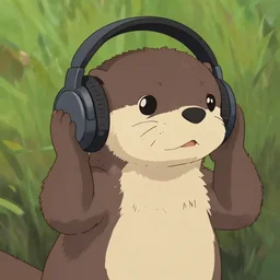 an otter using overear headphones, in the style of ghibli animations