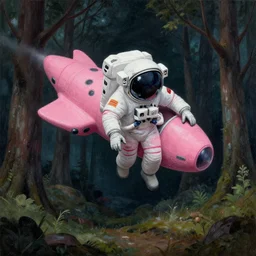 an astronaut and a pink space ship in a forest, a detailed matte painting by frieke janssens, featured on cgsociety, space art, matte painting, matte drawing