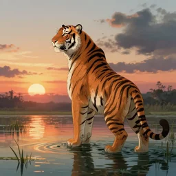 bipedal tiger in a bandit costume standing in swamp water gazing at the sunset, fantasy, cinematic, studio ghibli, wide shot, dramatic lighting, dynamic, ultra realistic, ultra detailed, 8 k, thin line work, trending on artstation