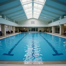 1980s magazine photo of an indoor swimming pool inside an office, flooded in clear blue water, with an A-Frame ceiling and dappled sunlight
