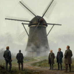 detailed ultra - realistic graphic novel illustration of a dystopian watermill scene by edward hopper and gregory crewdson, cinematic, muted colors, cinematic fog, full shot, george adult, carel willink, ian miller, wayne barlowe, greg rutkowski, norman rockwell