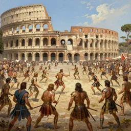 a historical depiction of an epic scene at the roman coliseum filled with dueling gladiators, in the style of greg rutkowski and alphonse mucha, digital painting, unreal engine, extremely detailed masterpiece