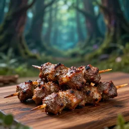 5 5 mm photo of a pile of freshly kabab on a wooden table in a magical forest. dof. bokeh. magical atmosphere. art by greg rutkowski. highly detailed 8 k. intricate. lifelike. soft light. nikon d 8 5 0.