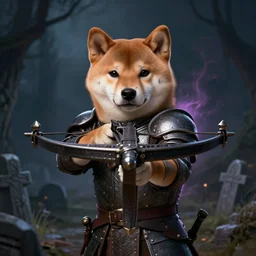 anthropomorphic shiba inu, holding medieval crossbow aiming directly to camera, medieval armor, dark aura, fantasy, dark graveyard scene, portrait art by donato giancola and greg rutkowski, realistic face, digital art, trending on artstation, symmetry