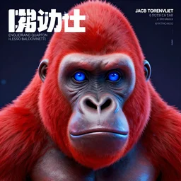 a close up of a red gorillas face with blue eyes, an album cover by jacob toorenvliet, featured on behance, cubo - futurism, rendered in cinema 4 d, sketchfab, rendered in maya, red shift, synthwave, by enguerrand quarton, by alesso baldovinetti, 3 d render, holography,