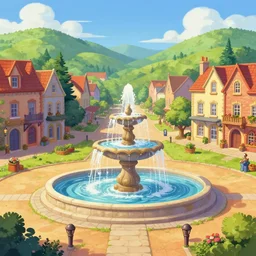 a fountain in the center of a castletown plaza, at midday, from a fantasy point and click 2 d graphic adventure game, art inspired by thomas kinkade, king's quest, sierra entertainment games, colorful landscape painting