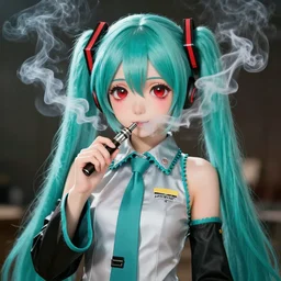 hatsune miku getting high by smoking weed with a vape pen, bloodshot eyes, smoke everywhere