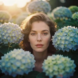 An vintage analog head and shoulder frontal face portrait photography of a woman surrounded by multiple oversized Hydrangea by Marta Bevacqua. Vogue. Kodak Portra 800 film. Depth of field. whirl bokeh. Golden hour. detailed. hq. realistic. warm light. muted colors. Moody. Filmic. Dreamy. lens flare. Leica M9, f/1.2, symmetrical balance, in-frame