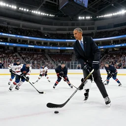 20 Obamas all playing ice hockey, hockey stadium, detailed, realistic,