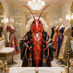 a big cockroach dressed as the jury of a fashion show, inside a bathroom, with judge wig, bokeh, colourful fabrics, cockroaches modelling, inside the grand budapest hotel, five star fashion show, trending in fashion magazines.