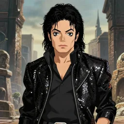medium shot and face central portrait character concept art design, anime key visual of an muscular calm archaeologist adventurer michael jackson rockstar in sequined black jacket, looking foward, studio lighting delicate features finely detailed perfect art, at an ancient city, gapmoe yandere grimdark, trending on pixiv fanbox, painted by greg rutkowski makoto shinkai takashi takeuchi studio ghibli