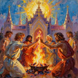 artists rendition of a holy bond made in fire before the temple of god, oil paint, bright colors, sharp focus, thick paint, thick brush
