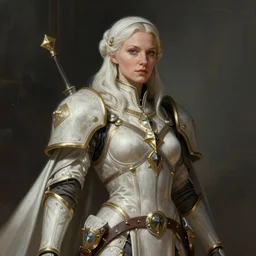 Liz Truss as a Warhammer 40k Battle Sister, portrait, fantasy, intricate, elegant, highly detailed, digital painting, artstation, concept art, smooth, sharp focus, illustration, art by artgerm and greg rutkowski and alphonse mucha