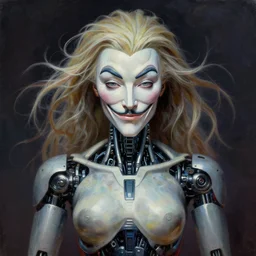 perfectly centered portrait, front view of a beautiful biomechanical android alien anonymous guy fawkes robot, female, flowing hair, intense stare, sarcastic smile, symmetrical, concept art, intricate detail, volumetric shadows and lighting, realistic oil painting by tim hildebrandt and greg rutkowski,