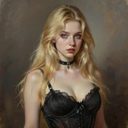 realistic oil painting of a beautiful blonde girl, exquisite detail, hyper realism, ornate, slightly voluptuous, exquisite detail, cute face, goth girl aesthetic, fit