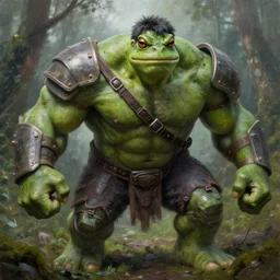 macro medium shot, rugged anthropomorphic muscular!!!!!!!!! oversized!!!!!!!! hulked!!!! frog as oversized green barbarian hunter wearing war sci - fi armor in deep forest, foggy, oil painting by greg rutkowski and rembrandt