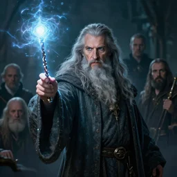 cinematic shot epic portrait an wizard with gray hair and long beard casting a spell with a magic wand, glowing, magic, broad light, ambient occlusion, volumetric light effect, made by ivan aivazovsky, peter mohrbacher, greg rutkowski, matte painting, trending on artstation, 4 k, perfectly defined features, digital painting, cinematic, epic, highly detailed,