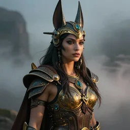 riveting charismatic a beautiful female hybrid atlantean anubis alien warrior portrait, atmospheric lighting, painted, intricate, fog, cold, volumetric lighting, beautiful, golden hour, golden ratio, sharp focus, deep colours, ultra detailed, by leesha hannigan, ross tran, thierry doizon, kai carpenter, ignacio fernandez rios