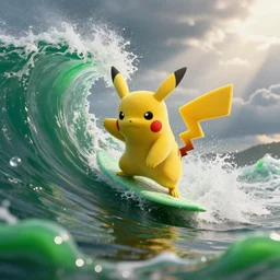 pikachu surfing on a wave made of green slime