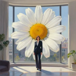 huge daisy flower head, woman in a suit, standing in modern window in luxury apartment, surreal photography, sunlight, impressionist painting, digital painting, artstation, simon stalenhag