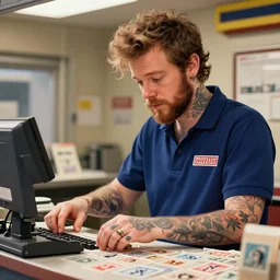 a closeup photorealistic illustration of post malone working behind the counter as a postal clerk. stamps. bright scene. fine detail. this 4 k hd image is trending on artstation, featured on behance, well - rendered, extra crisp, features intricate detail, epic composition and the style of unreal engine.