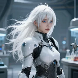 perfect white haired girl, warframe armor, beautiful, dreamy, half asian, pretty face, blue eyes, detailed, windy weather, scifi platform, laboratory, experiment, 4 k, ultra realistic, epic lighting, cinematic, high detail, masterpiece, akihito tsukushi