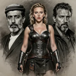 husam wleed and frank frazetta charcoal portrait of scarlett johansson warrior, full body centered in portrait, 8 k, realistic, photo real, smooth, sharp, intricate detail, hyper detail, dramatic lighting, dramatic shading