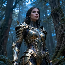 hyperrealistic expressive! middle-eastern woman with detailed exoskeleton armor, merging with tree in a forest, digital art masterpiece brad kunkle hannah yata dramatic blue light low angle hd 8k sharp focus