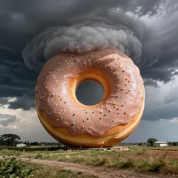 A photo of a giant donut sweet hurricane, on a rural area