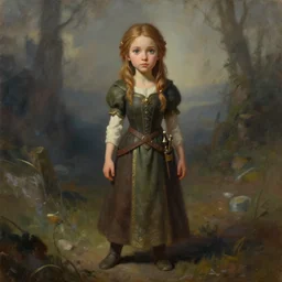 a full body high detail fantasy portrait oil painting illustration of a single cute female bard by justin sweet with face and body clearly visible, in a scenic background, pretty eyes, realistic proportions, d & d, rpg, forgotten realms, artstation trending, high quality, sombre mood, artstation trending, muted colours, entire person visible!