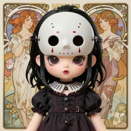cute little goth girl with black hair anime character inspired by jason voorhees, alphonse mucha art by rossdraws, artgem lau, sakimichan, jakub rebelka and makoto shinkai, anatomically correct, extremely coherent, highly detailed, sharp focus, pop movies, smooth, very realistic, symmetrical