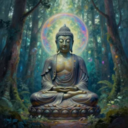 a buddha statue sitting in the middle of a forest, cyberpunk art by Mike Winkelmann, trending on cgsociety, metaphysical painting, tesseract, mystical ::