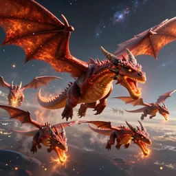 Photo of a herd of fire breathing dragons planet hopping through the galaxy, HD, Awe Inspiring, Beautiful, 8k