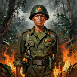 ultra realistic portrait painting of a vietnam soldier in the jungle surrounded by orange flames, art by frank frazetta, vintage levi ’ s ad, stormy weather, dark vibes, 4 k, ultra realistic, highly detailed, epic lighting
