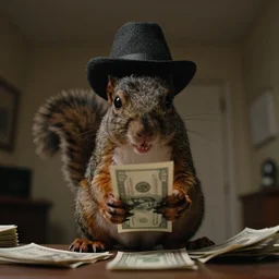 Film Still, Gangster squirrel counting his money, low angle, shot from below, worms eye view.